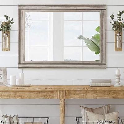 Espelho de parede de madeira para casa de banho Quadro de madeira maciça Espelho de vaidade de fazenda rústica