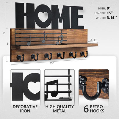 Logotipo personalizado Organizador de correio de madeira rústico com ganchos de chave e prateleira de armazenamento de correio