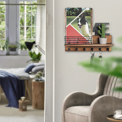 Logotipo personalizado Organizador de correio de madeira rústico com ganchos de chave e prateleira de armazenamento de correio