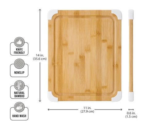 Tabela de corte de bambu de 11x14 polegadas com ranhuras de suco e proteção de canto branco vernizado