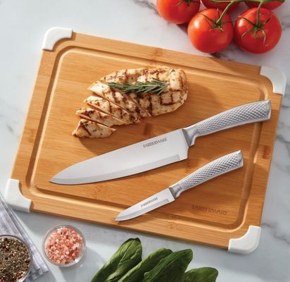 Tabela de corte de bambu de 11x14 polegadas com ranhuras de suco e proteção de canto branco vernizado