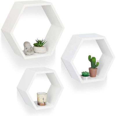 Set de prateleira de parede hexagonal esculpida em madeira para organização de decoração doméstica de fazenda rústica