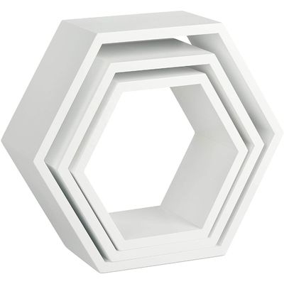 Set de prateleira de parede hexagonal esculpida em madeira para organização de decoração doméstica de fazenda rústica