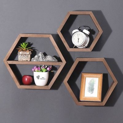Estantes de parede de madeira de forma hexagonal geométrica para organizador de escritório de estilo moderno simples