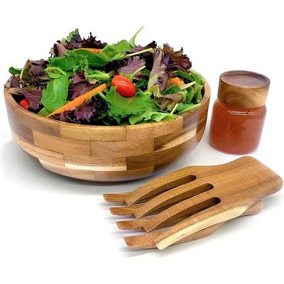 Completar a sua festa Salada de bambu Taça Conjunto com utensílios de servir e frasco de dressing