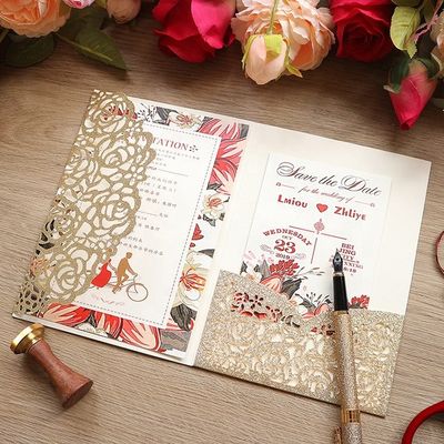 Europe Laser Cut Hollow Rose Pocket Invites de casamento com envelopes e cartões RSVP