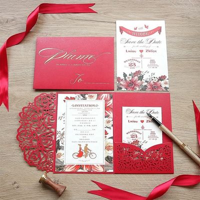 Europe Laser Cut Hollow Rose Pocket Invites de casamento com envelopes e cartões RSVP