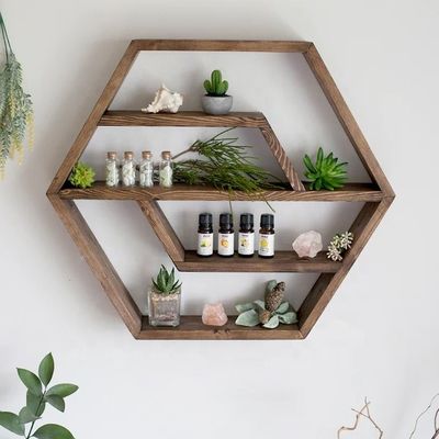 Prateleira flutuante de madeira maciça hexagonal Design moderno para quarto sala de estar e cozinha