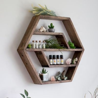 Prateleira flutuante de madeira maciça hexagonal Design moderno para quarto sala de estar e cozinha