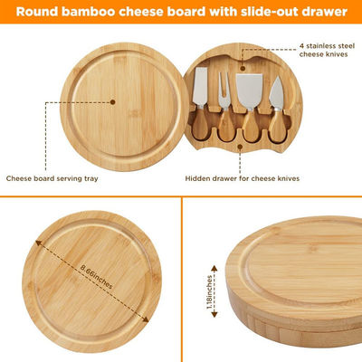 Tabuleiro de queijo de bambu com logotipo personalizado e 4 facas de corte de aço inoxidável de tamanho personalizado