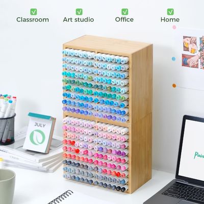 Armazenamento de mesa de madeira mantém 126 marcadores 48 cores pastel em organizador de marcadores de bambu