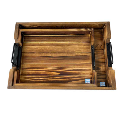 Desenhos personalizados aceitos Rustico Rectangular Tray de madeira de serviço com alças de metal