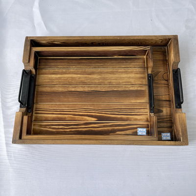 Desenhos personalizados aceitos Rustico Rectangular Tray de madeira de serviço com alças de metal