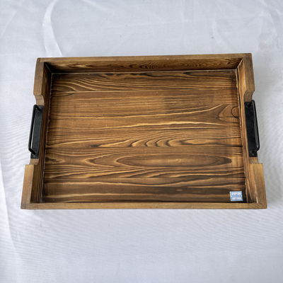 Desenhos personalizados aceitos Rustico Rectangular Tray de madeira de serviço com alças de metal