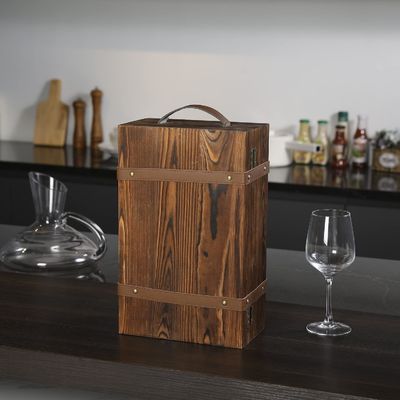 Caixa de vinho de garrafa dupla personalizada de 34x20x10cm com tampa trancada e alça de couro