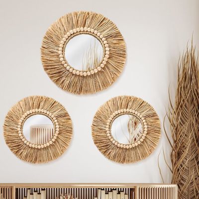 Boho Raffia Espelho Decoração pendurada à parede Rustica Espelhos redondos Estética da fazenda