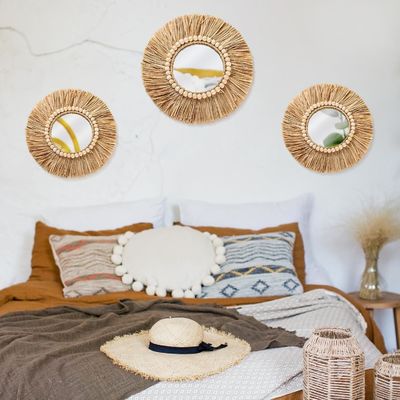 Boho Raffia Espelho Decoração pendurada à parede Rustica Espelhos redondos Estética da fazenda