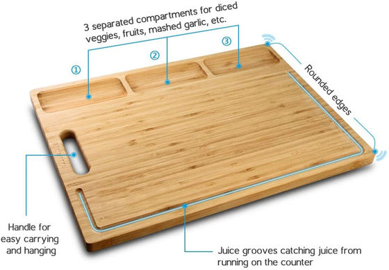 Tabela de corte de bambu multifuncional com 3 compartimentos e ranhuras de suco 43*32*1,8cm