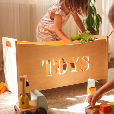 Caixinha organizadora de brinquedos de madeira e vidro queimada para móveis Montessori no quarto de brinquedos infantil