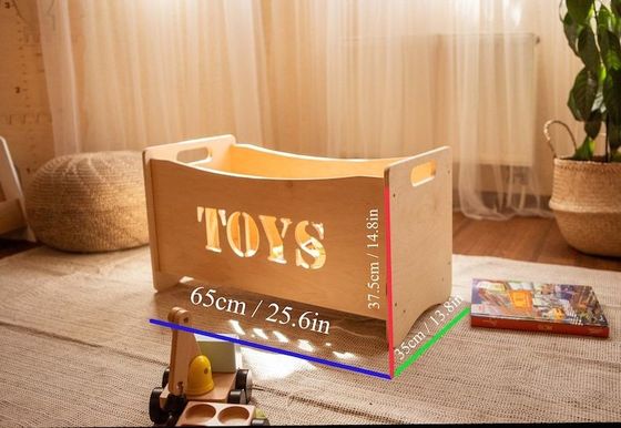 Caixinha organizadora de brinquedos de madeira e vidro queimada para móveis Montessori no quarto de brinquedos infantil