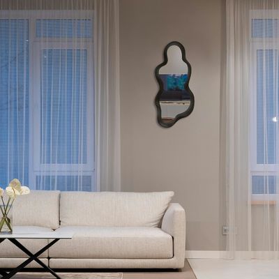 Bela decoração de casa Espelho de parede irregular com moldura de madeira preta e decoração de banheiro moderna