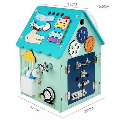 Montessori Brinquedos de madeira Casa ocupada Puzzle Multi funcional Desbloqueio Caixa de tesouros Vernizado