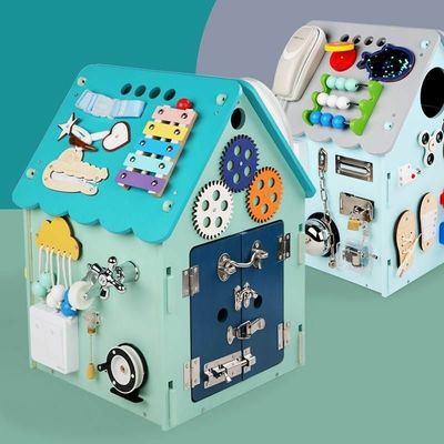 Montessori Brinquedos de madeira Casa ocupada Puzzle Multi funcional Desbloqueio Caixa de tesouros Vernizado