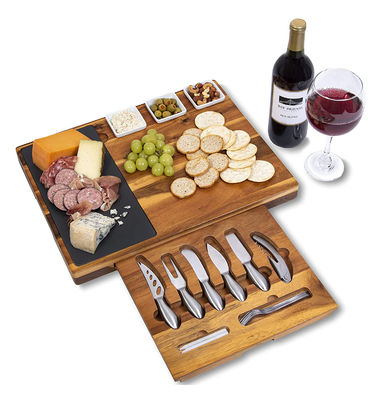 Impressão em serigrafia 19 peças Acacia Madeira Química Slate Board e Knife Set para Carne Vinho Queijo