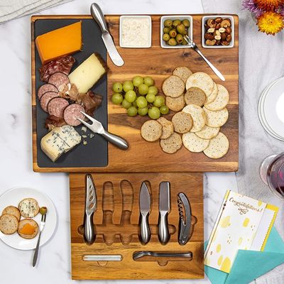 Impressão em serigrafia 19 peças Acacia Madeira Química Slate Board e Knife Set para Carne Vinho Queijo