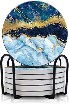 Customizado redondo 4'6 pcs de mármore pintado de pedra absorvente cerâmica coaster com suporte