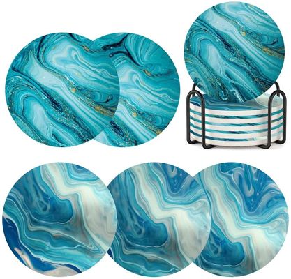 Customizado redondo 4'6 pcs de mármore pintado de pedra absorvente cerâmica coaster com suporte