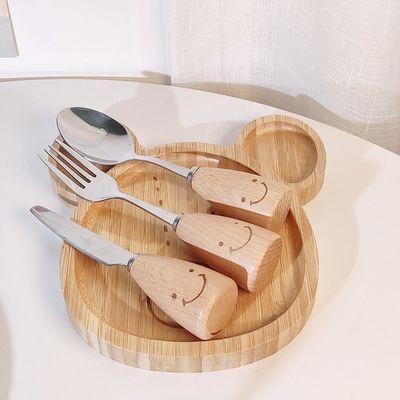 Simples estilo logotipo personalizado placas de bebê de bambu com garfos e colheres