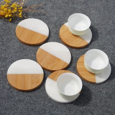 4 polegadas Acacia Hexagonal Geométrico Redondo Madeira E Mármore Madeira Branca Cortiça Coasters Plate Set