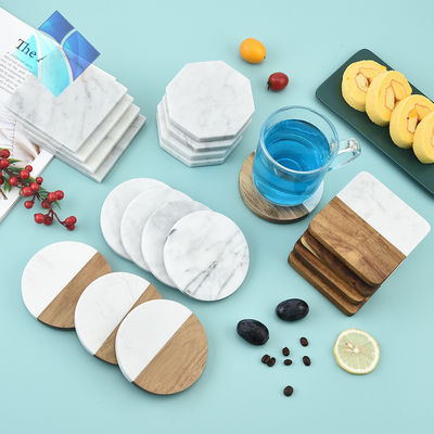 4 polegadas Acacia Hexagonal Geométrico Redondo Madeira E Mármore Madeira Branca Cortiça Coasters Plate Set