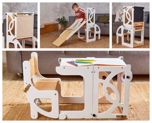 Crianças de madeira Kitchen Step Stool Convertible Tower Table 7 em 1 Seatback e Slide