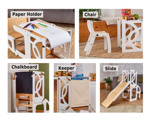 Crianças de madeira Kitchen Step Stool Convertible Tower Table 7 em 1 Seatback e Slide