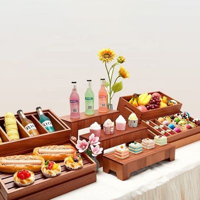 Sapele Buffet de madeira Restauração de alimentos Pain Display Rack Bolo de madeira Sushi Deserts Stand