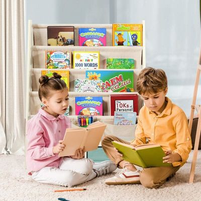 Mobiliário de sala de estar Organizador de estantes de livros de madeira com 4 prateleiras e 2 caixas de armazenamento de brinquedos
