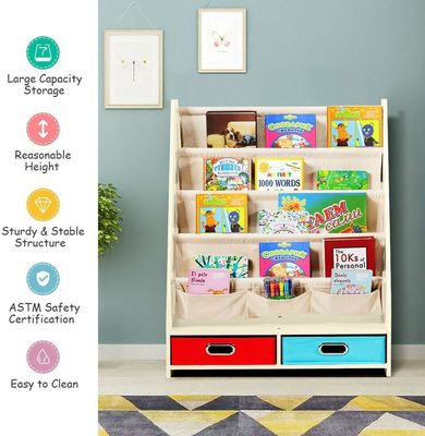 Mobiliário de sala de estar Organizador de estantes de livros de madeira com 4 prateleiras e 2 caixas de armazenamento de brinquedos