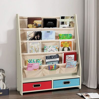 Mobiliário de sala de estar Organizador de estantes de livros de madeira com 4 prateleiras e 2 caixas de armazenamento de brinquedos
