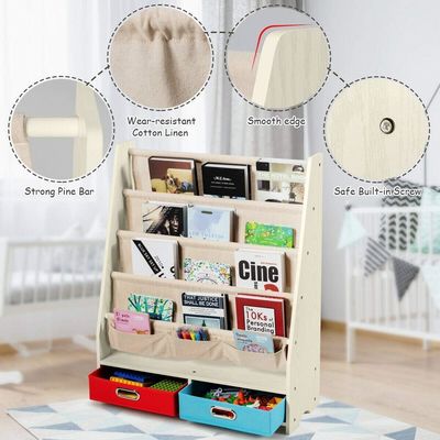 Mobiliário de sala de estar Organizador de estantes de livros de madeira com 4 prateleiras e 2 caixas de armazenamento de brinquedos