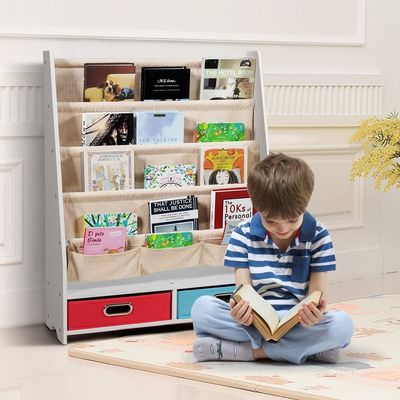 Mobiliário de sala de estar Organizador de estantes de livros de madeira com 4 prateleiras e 2 caixas de armazenamento de brinquedos