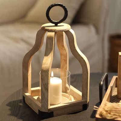 Decoração de pátio exterior Lâmpada de vela de madeira com porta de velas de vidro Impressão queimada