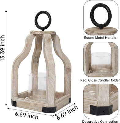 Decoração de pátio exterior Lâmpada de vela de madeira com porta de velas de vidro Impressão queimada