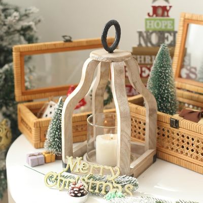 Decoração de pátio exterior Lâmpada de vela de madeira com porta de velas de vidro Impressão queimada