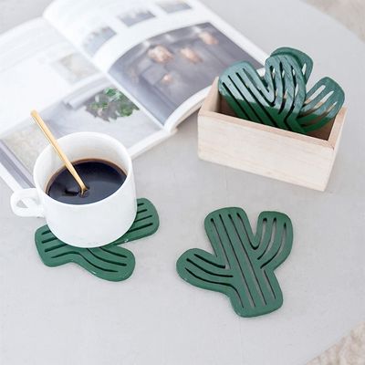 Desenho de Moda Irregular Madeira Ambiental MDF Copo Coasters Green Leaf Cactus Cup Mat Decoração Mat