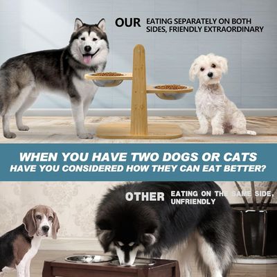 Stand de taça de alimentos para animais de estimação Bambú elevado de alimentação para altura ajustável