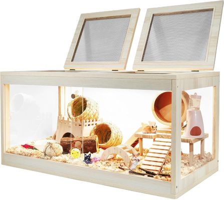 Caixa de hamster de madeira com teto abrível e folhas acrílicas