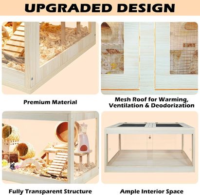 Caixa de hamster de madeira com teto abrível e folhas acrílicas