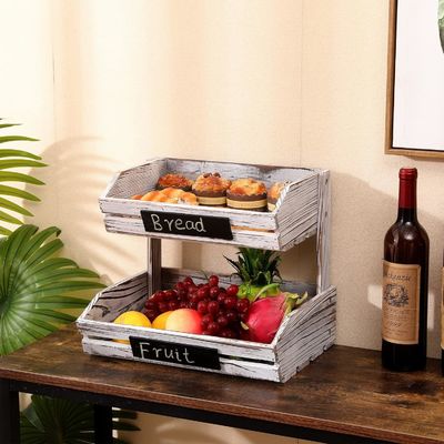 Logotipo personalizado 2 Tier Farmhouse Cesto de madeira para cozinha Sala de jantar e quarto de hóspedes